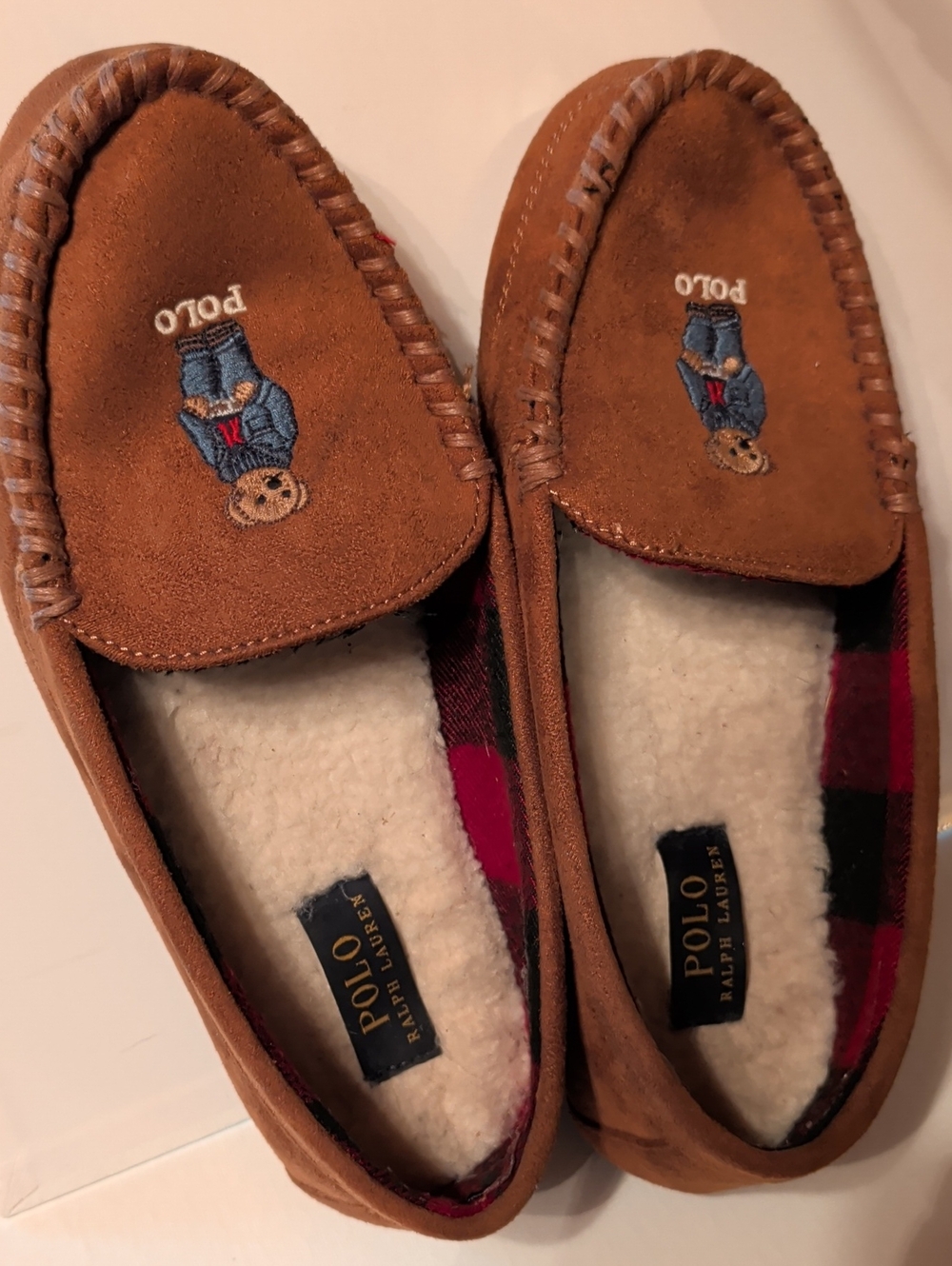 Polo by Ralph Lauren Brown Suede Moccasin Slippers with Bear Embroidery